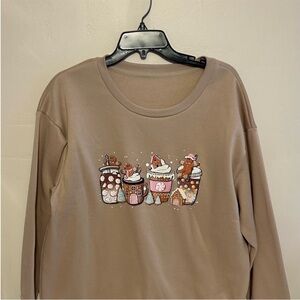 Brown Long Sleeve with Coffee Cup Design 0XL
